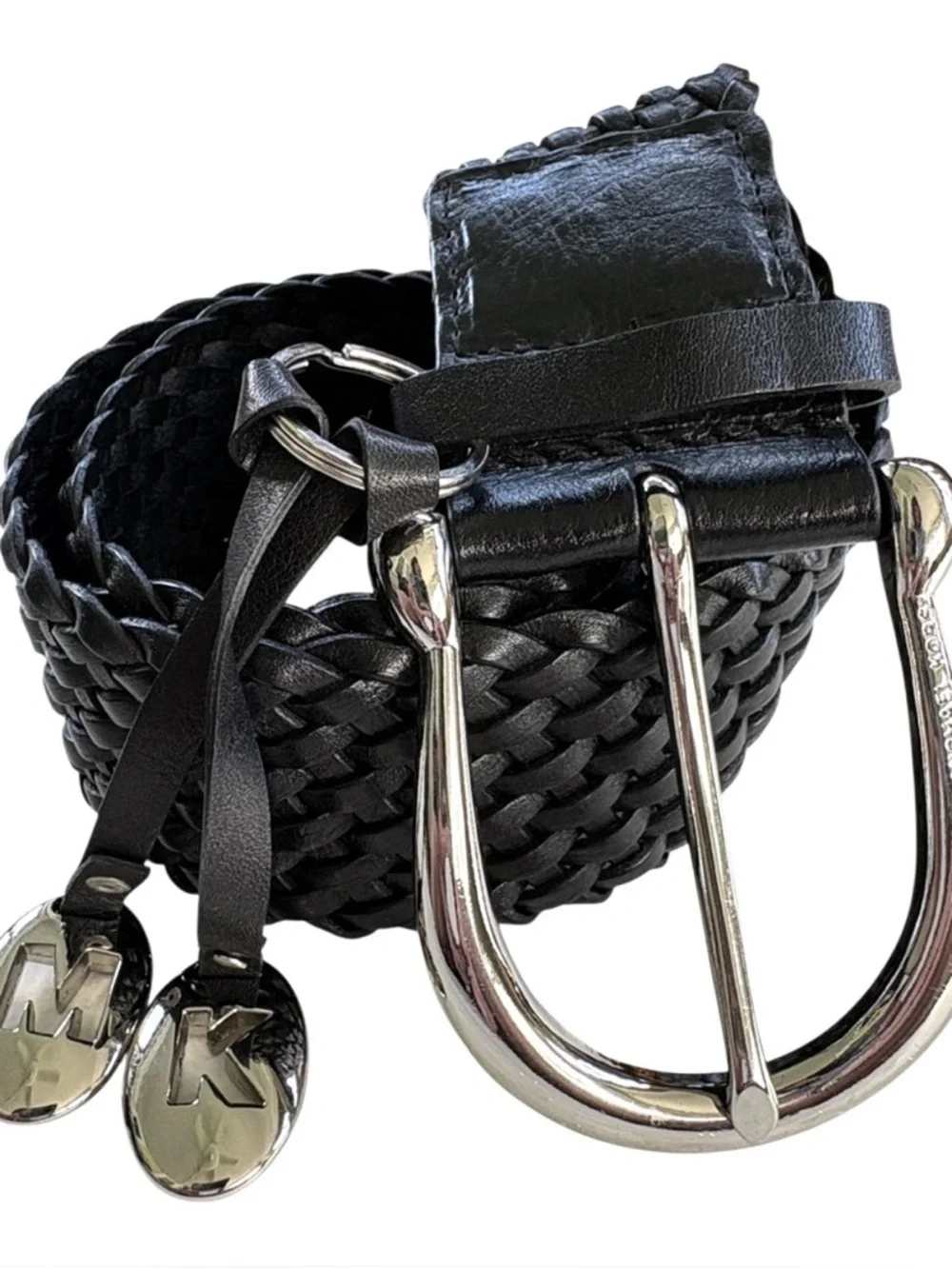 NWT Michael Kors Leather Woven Belt Logo Hang Charms Silver Buckle Size Small